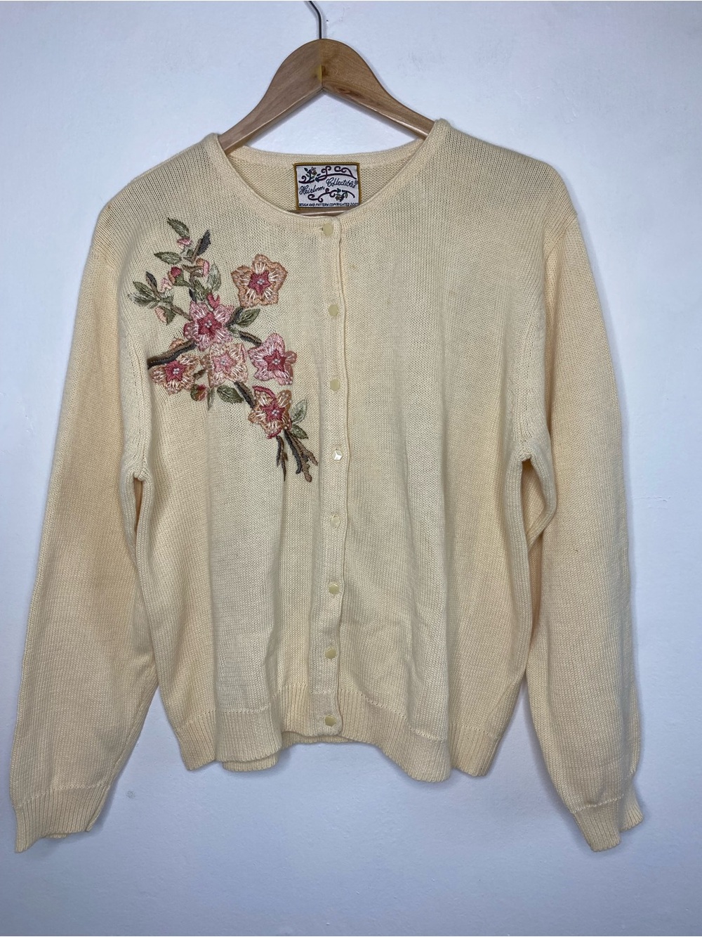 Vintage Embroidered Knit Cardigan Size L Floral Quail Grannycore Cottagecore